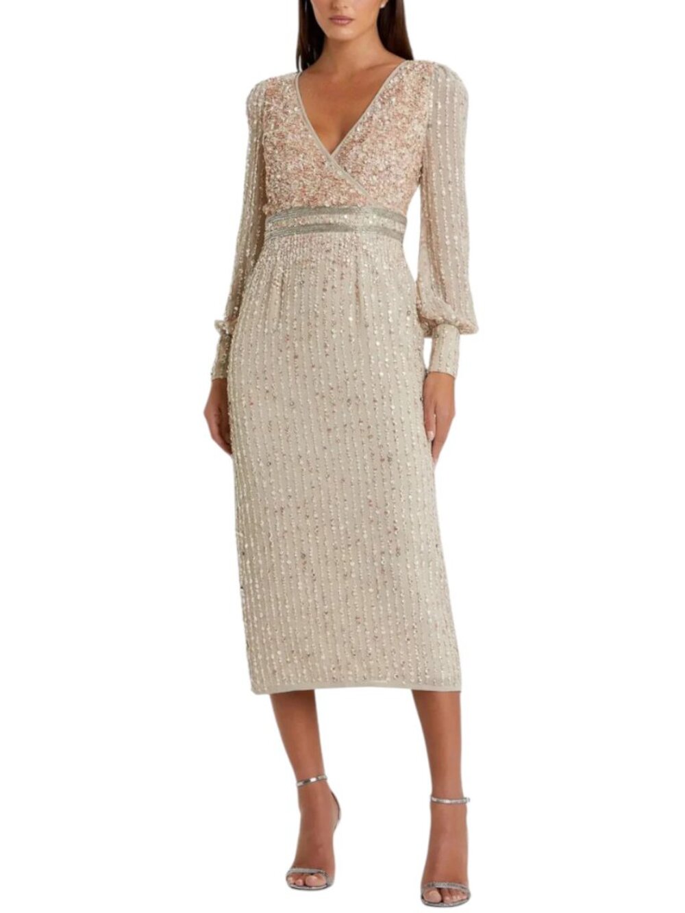 Mac Duggal Nude Midi Dress Sequined V-Neck Long Sleeve Dress 93593 Size 10